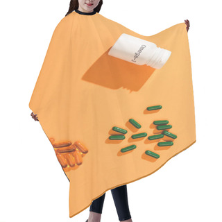 Personality  Top View Of Container With Omega-3 Lettering And Capsules On Orange  Hair Cutting Cape