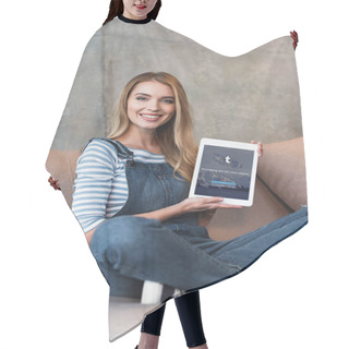 Personality  Young Woman Showing Monitor With Tumblr App Of Digital Tablet Hair Cutting Cape