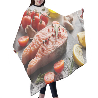 Personality  Raw Salmon Steak With Seasoning And Tomatoes On Stone Board Hair Cutting Cape