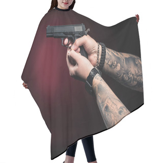 Personality  Close-up View Of Male Hands Aiming With Gun Hair Cutting Cape
