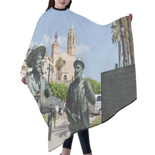 Personality  SITGES, SPAIN - APRIL 30, 2020 : Monument To Santiago Rusinol And Ramon Casas On Urban Street Hair Cutting Cape