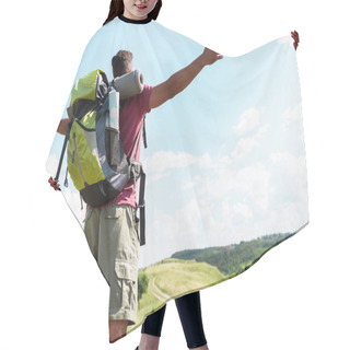 Personality  Tourist With Backpack Standing With Outstretched Hands On Summer Meadow With Cloudy Sky Hair Cutting Cape