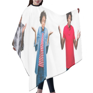 Personality  Collage Of Group African American People With Afro Hair Over Isolated Background Clueless And Confused Expression With Arms And Hands Raised. Doubt Concept. Hair Cutting Cape