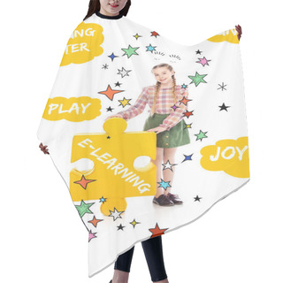 Personality  Smiling Kid With E-learning Lettering On Jigsaw Puzzle Piece Looking At Camera On White Hair Cutting Cape