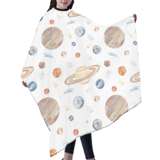 Personality  Planets Of The Solar System Mercury, Mars, Earth, Venus, Jupiter, Saturn, Neptune, Pluto, Uranus On A White Background Watercolor Seamless Pattern Cosmos Hair Cutting Cape