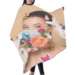 Personality  Beautiful Asian Woman In Latex Gloves And Floral Face Mask With Butterflies On Beige Hair Cutting Cape