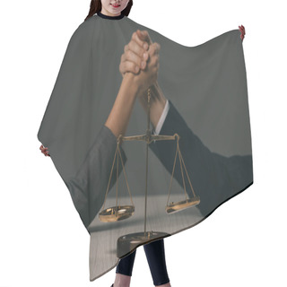 Personality  Cropped View Of Businesspeople Arm Wretsling On Wooden Table With Scales Of Justice On Grey Hair Cutting Cape
