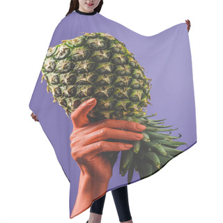 Personality  Ripe Pineapple Fruit In Coral Colored Female Hand On Violet Background, Color Of 2019 Concept Hair Cutting Cape