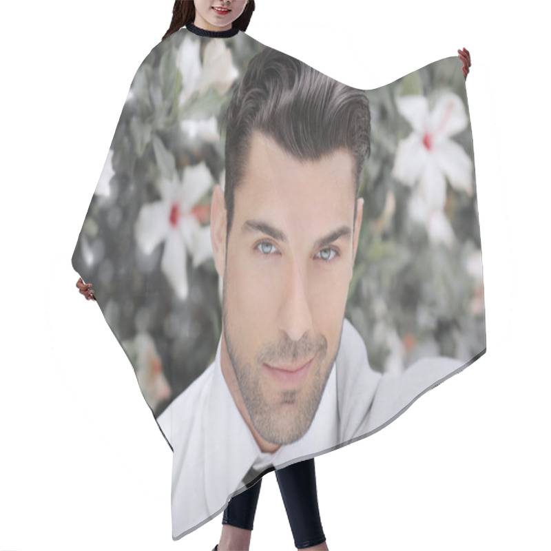 Personality  Young romantic man hair cutting cape