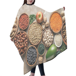 Personality  Top View Of Superfoods, Legumes And Healthy Ingredients On Rustic Background Hair Cutting Cape