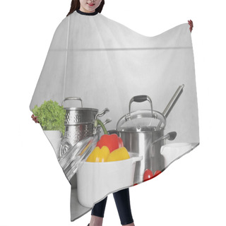 Personality  Different Cookware And Fresh Vegetables On Grey Countertop Hair Cutting Cape