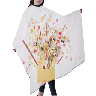 Personality  Top View Of Confetti Pieces And Yellow Envelope On White Surface Hair Cutting Cape