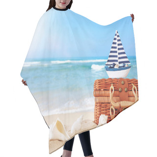 Personality  Beach Straw Suitcase And Wooden Boat In The Sand. Tropical Summe Hair Cutting Cape