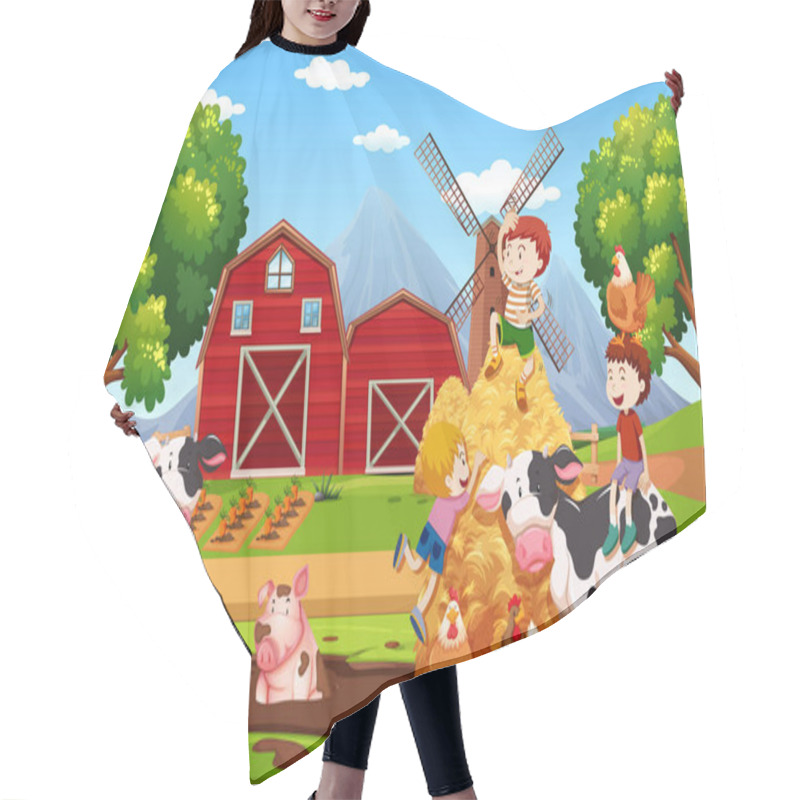 Personality  Kids And Animals At Farmland Illustration Hair Cutting Cape