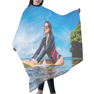 Personality  Sportswoman In Wetsuit And Sunglasses On Surfing Board In Ocean At Nusa Dua Beach, Bali, Indonesia Hair Cutting Cape
