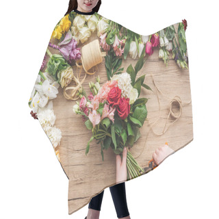 Personality  Partial View Of Florist Holding Bouquet And Prunning Flower Stalks On Wooden Surface Hair Cutting Cape