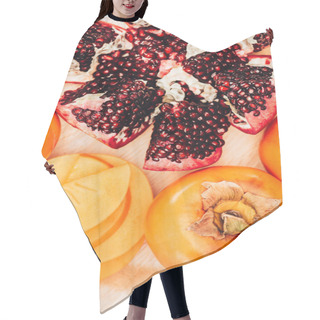 Personality  Top View Of Persimmons And Pomegranates On Plate Hair Cutting Cape