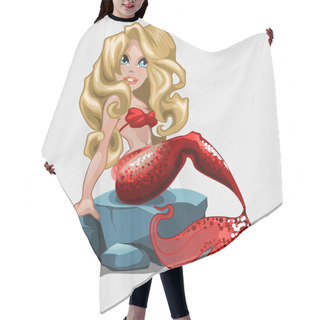 Personality  Blonde Mermaid In Red Swimsuit Sits On A Rock Hair Cutting Cape