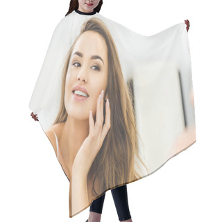 Personality  Portrait Of Smiling Beautiful Young Woman At Home Hair Cutting Cape