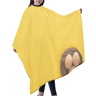 Personality  Top View Of Chicken Eggs In Nest On Colorful Yellow Background With Copy Space Hair Cutting Cape