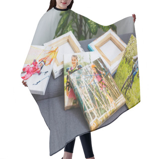 Personality  Photography Canvas Prints. Stacked Colorful Photos With Gallery Wrapping Method Of Canvas Stretching On Stretcher Bar, Lateral Side Hair Cutting Cape