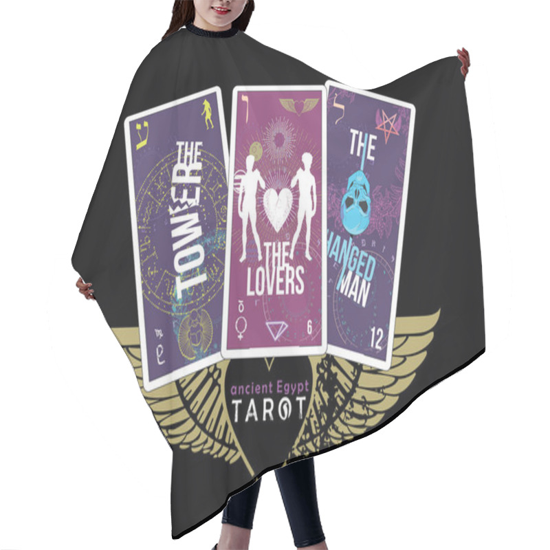 Personality  Ancient Egyptian Tarot. T-shirt Design Featuring Three Egyptian Tarot Cards Along With A Heart Symbol With Wings. Hair Cutting Cape
