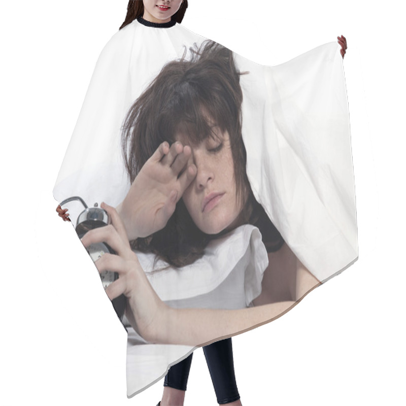 Personality  Woman In Bed Awakening Tired Holding Alarm Clock Hair Cutting Cape