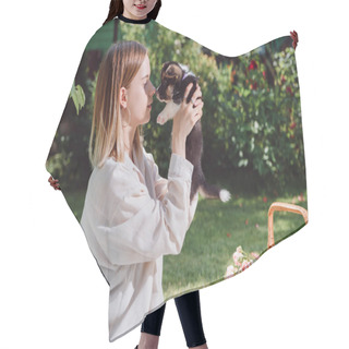 Personality  Side View Of Attractive Blonde Girl In Garden With Cute Welsh Corgi Puppy Hair Cutting Cape