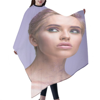 Personality  Attractive Woman With Violet Glitter On Neck And Short Hair Looking Up Isolated On Violet Hair Cutting Cape