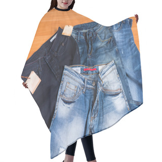 Personality  Pile Of Blue Jeans In Various Washes And Styles Hair Cutting Cape