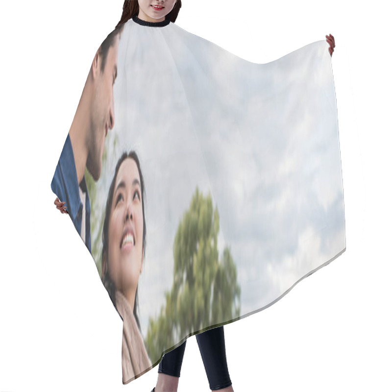 Personality  Smiling Asian Woman Looking At Boyfriend During Weekend Outdoors, Banner  Hair Cutting Cape