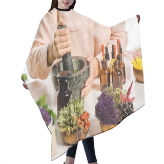 Personality  Cropped Image Of Woman Preparing Natural Medicines With Mortar And Pestle Isolated On White Hair Cutting Cape