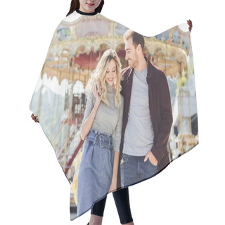 Personality  Smiling Couple In Autumn Outfit Walking And Hugging Near Carousel In Amusement Park Hair Cutting Cape