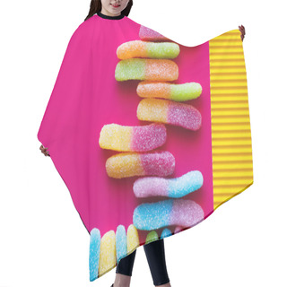 Personality  Flat Lay Of Colorful Jelly Sweets On Pink And Textured Yellow Surface  Hair Cutting Cape
