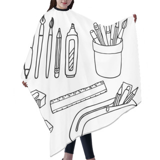 Personality  Brushes, Pencils, Pens, Ruler, Sharpener And Eraser Icons. Hair Cutting Cape