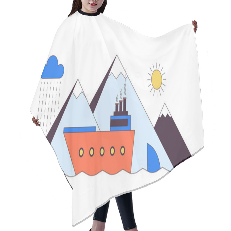 Personality  Vessel Sailing Past Mountains 2D Linear Cartoon Objects. Travelling By Water. Tourist Ship On Exotic Cruise Isolated Line Vector Elements White Background. Sea Vacation Color Flat Spot Illustration Hair Cutting Cape