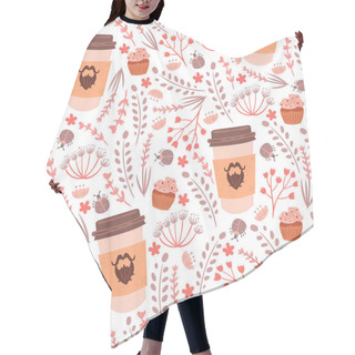 Personality  Seamless Pattern With Herbs And Coffee Cups. Hair Cutting Cape