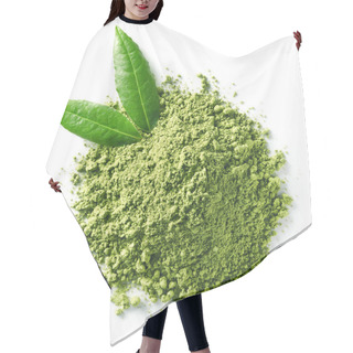 Personality  Heap Of Green Matcha Tea Powder And Leaves Isolated On White Background. Top View Hair Cutting Cape