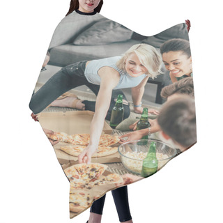 Personality  High Angle View Of Smiling Multicultural People Eating Pizza And Drinking Beer  Hair Cutting Cape