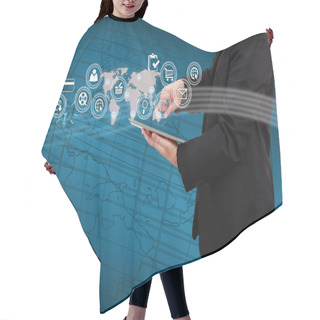 Personality  Businessman Showing Map And Icon Application On Virtual Screen.  Hair Cutting Cape