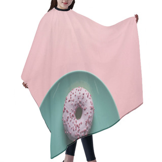 Personality  Top View Of Glazed Donut On Blue Plate Isolated On Pink  Hair Cutting Cape