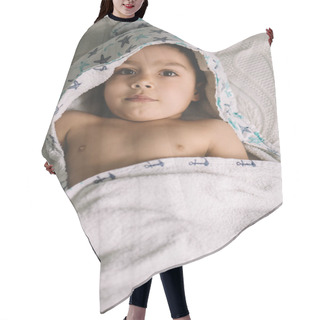 Personality  Top View Of Adorable Child, Wrapped In Hooded Towel, Lying On Bed And Looking At Camera Hair Cutting Cape