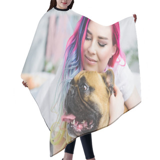 Personality  Beautiful Girl Laying In Bed And Hugging Cute French Bulldog  Hair Cutting Cape
