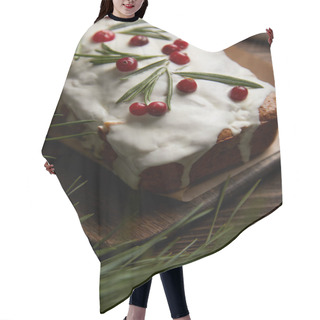 Personality  Selective Focus Of Traditional Christmas Cake With Cranberry Near Pine Branch Hair Cutting Cape