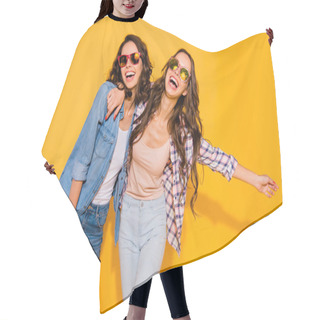 Personality  Portrait Beautiful Ladies Free Time Weekends Holidays Laughter Positive Cheerful Satisfied Summer Travel Cuddle Funny Funky Freedom Raise Hand Arm Wear Checked Denim Shirt Isolated Vivid Background Hair Cutting Cape