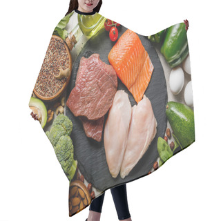 Personality  Top View Of Raw Meat And Fish Among Fresh Vegetables, Ketogenic Diet Menu Hair Cutting Cape