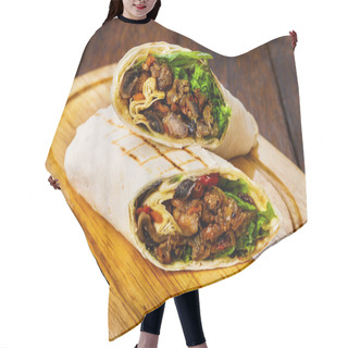 Personality  Burritos With Pork, Mushrooms And Vegetables At Wooden Desk Hair Cutting Cape