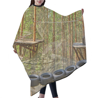 Personality  Tires Hanging In Rope Park In A Pine Forest Hair Cutting Cape