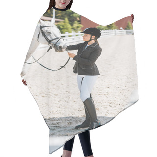 Personality  Side View Of Beautiful Female Equestrian Fixing White Horse Halter At Horse Club Hair Cutting Cape