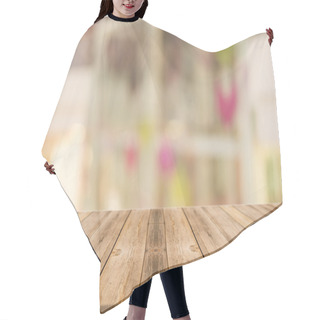 Personality  Wooden Board Empty Table In Front Of Blurred Background. Perspective Brown Wood Over Blur Store In Mall - Can Be Used For Display Or Montage Your Products. Hair Cutting Cape